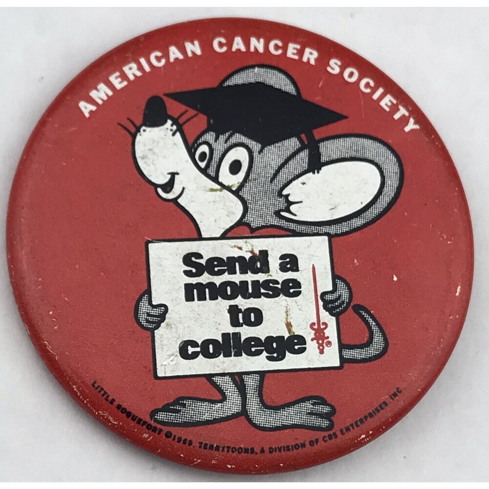 Send A Mouse To College Vintage Pin Button American Cancer Society 60s